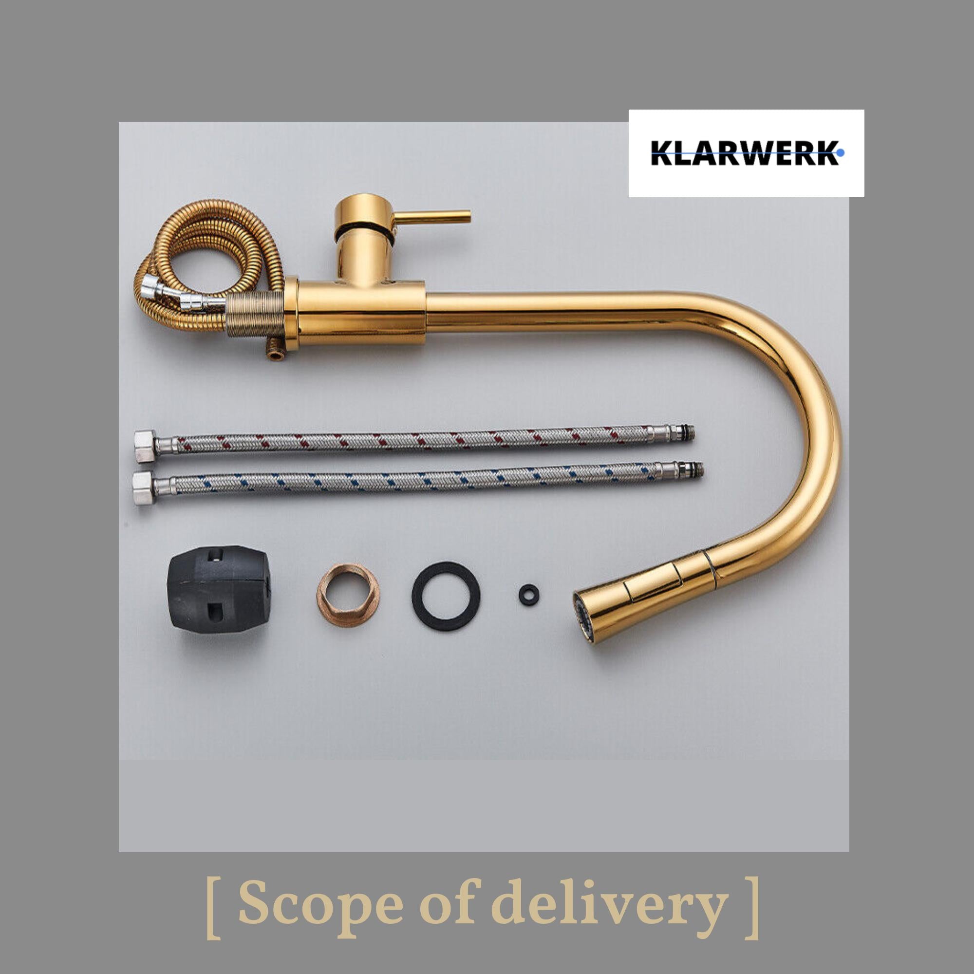 JANA | Rubinetto da cucina estraibile Premium in acciaio inox oro lucido miscelatore arco alto | gastro alta pressione ruotabile a 360° 2 attacchi