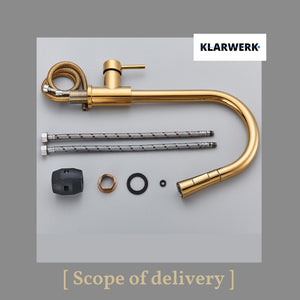 JANA | Rubinetto da cucina estraibile Premium in acciaio inox oro lucido miscelatore arco alto | gastro alta pressione ruotabile a 360° 2 attacchi