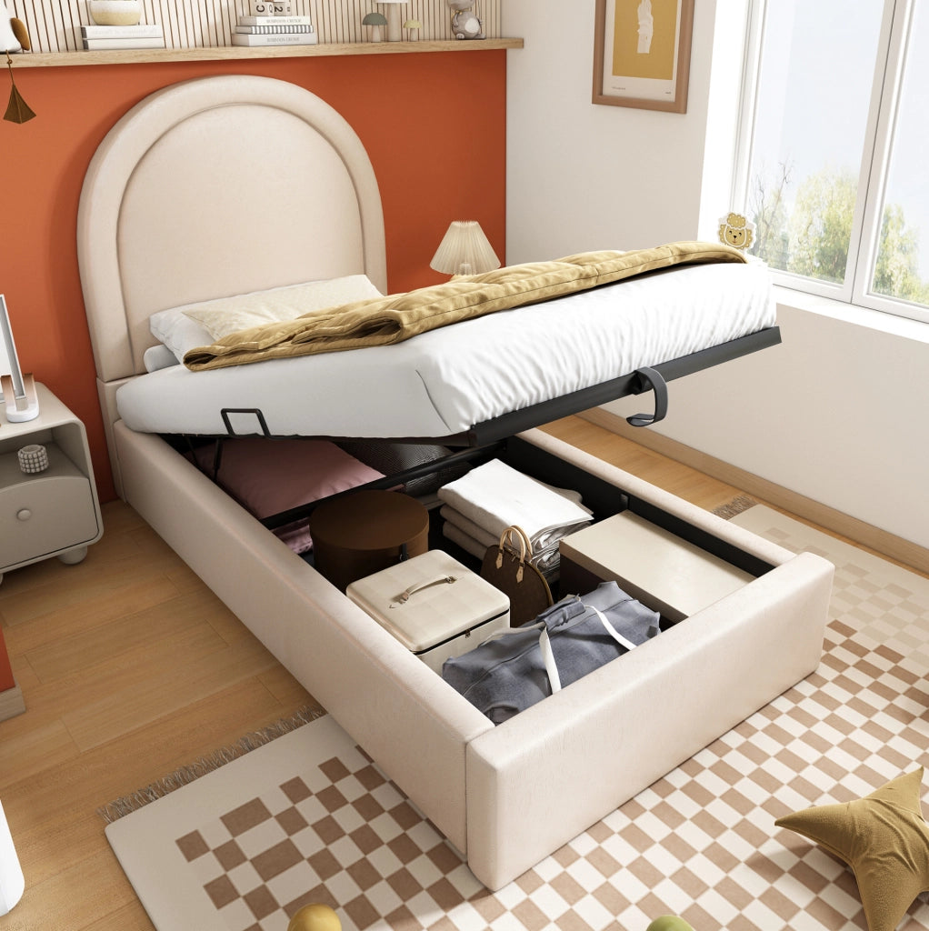 Letto imbottito per bambini con contenitore e rete idraulica 90x190 cm; beige PU