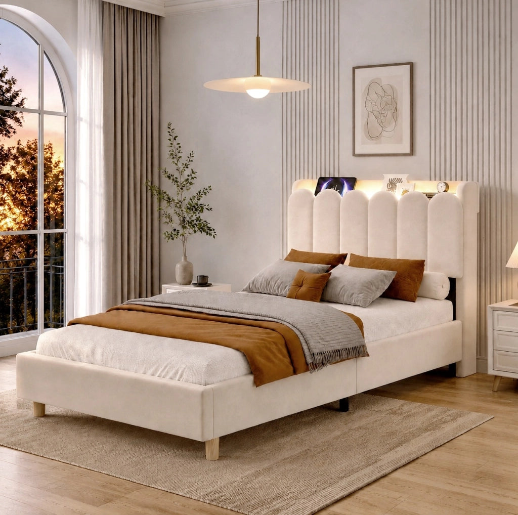Letto singolo imbottito beige 90 x 200 cm con USB, USB-C e luce