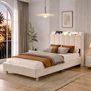 Letto singolo imbottito beige 90 x 200 cm con USB, USB-C e luce