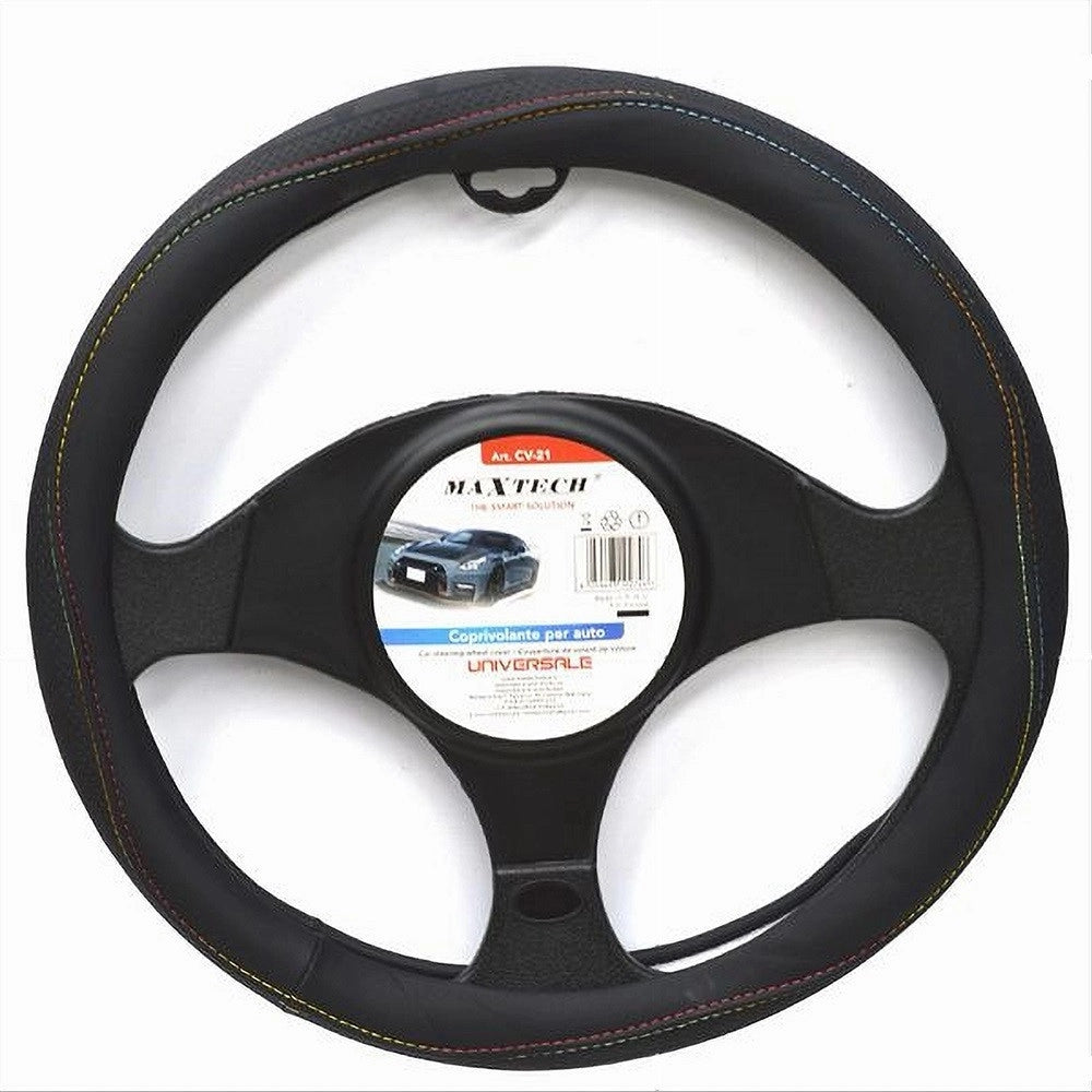 Trade Shop - Coprivolante Universale Auto Fodera Sterzo 38cm Nero Con Cuciture Colorate Cv-21 -
