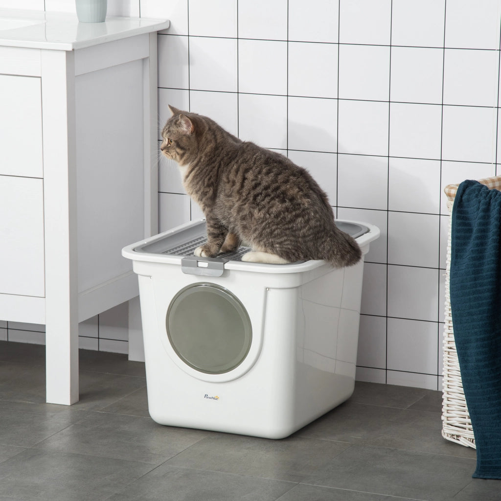 Lettiera per gatti con coperchio e paletta, adatta a gatti fino a 5 kg, per uso interno, in plastica, grigio e bianco, 44x55x39 cm