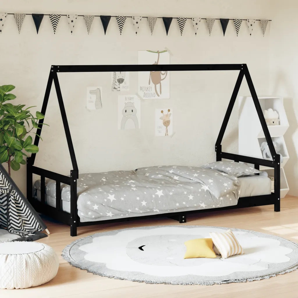 Giroletto per Bambini Nero 90x190 cm in Legno Massello di Pino 834464