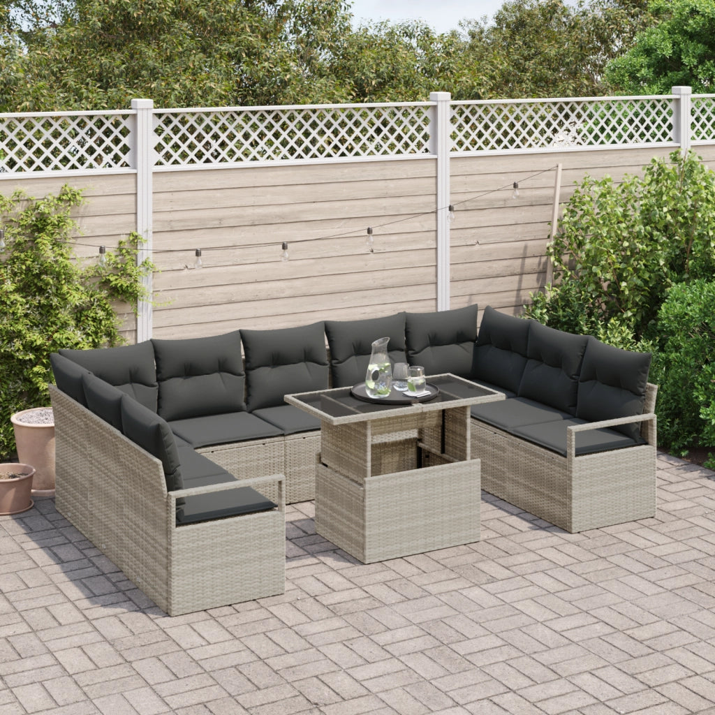 Set Divano Giardino  10 Pezzi con Cuscini Grigio Chiaro Polyrattan