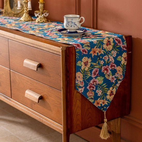 Tavolo con tovaglia da tavola classica con pennelli di fiori, adatto per la decorazione domestica, tovaglia da tavola/lunga tovaglia, 30*220cm (blu).