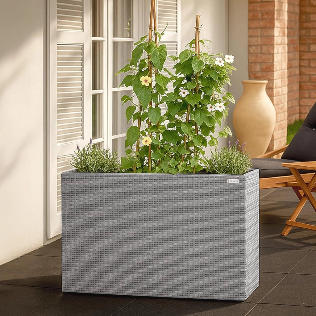 Fioriera Rettangolare 95x27x60 cm con 4 Vasi Interni in Polyrattan con Sistema di Drenaggio Fioriere Porta Vaso da Fiori Piante Divisorio Giardino Balcone Terrazza Grigio
