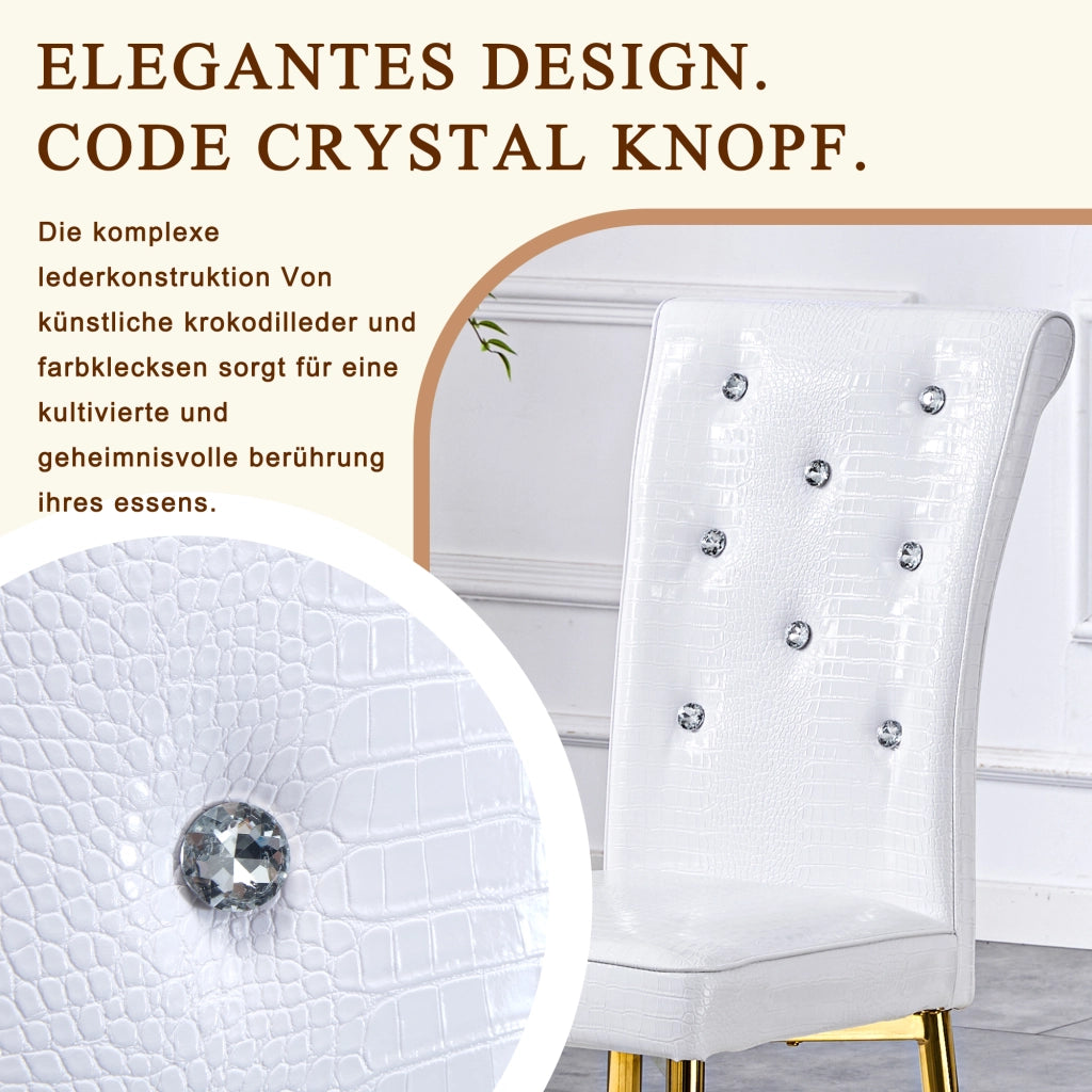 Sedia da Pranzo Set da 4 con Schienale Imbottito, Piedini Regolabili, in Metallo e PVC Bianco Oro