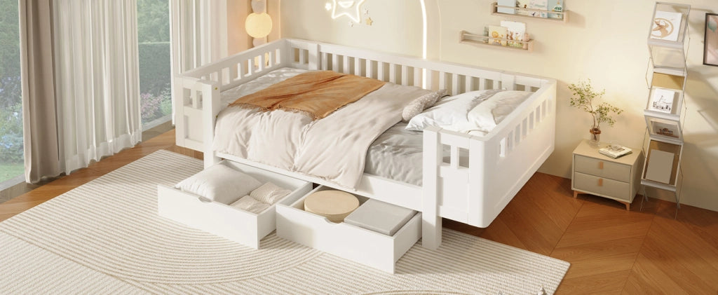 Letto a piattaforma per bambini 90x200 cm con sponde alte protettive e due ampi cassetti, bianco