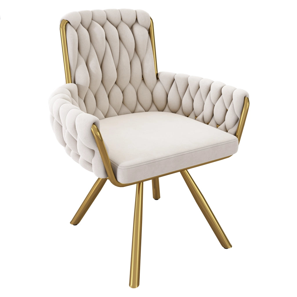 Set 2 sedie da pranzo girevoli in velluto beige con schienale alto, braccioli e struttura in metallo
