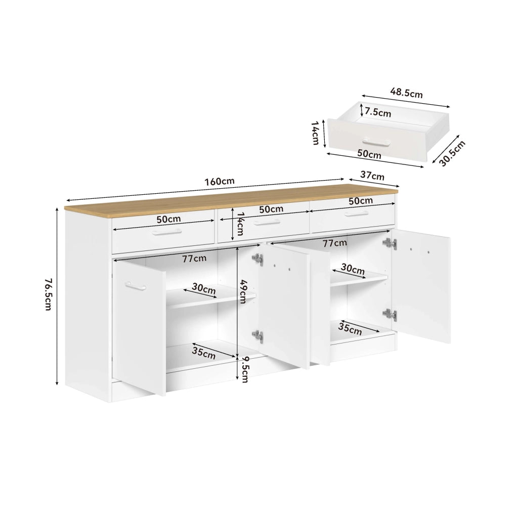 Credenza da cucina con 3 cassetti e ripiani regolabili per cucina e soggiorno in MDF bianco naturale 160 × 37 × 76,5 cm