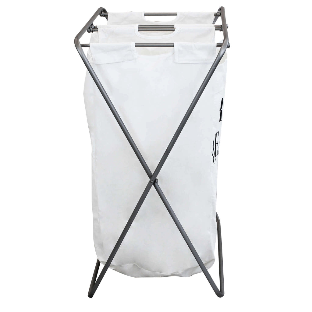 CESTA PORTA BIANCHERIA IN TESSUTO BIANCO E STRUTTURA IN FERRO