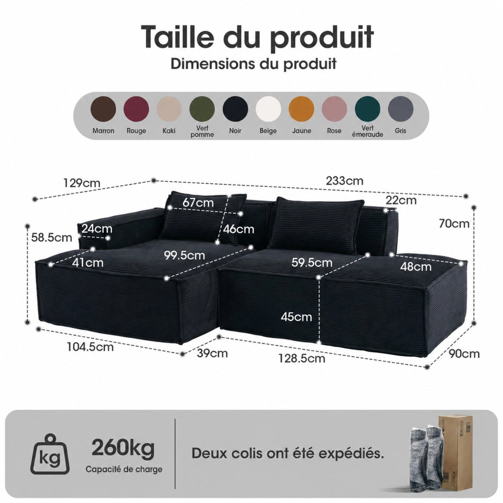 Divano lineare 3 posti - con cuscini e seduta elastica - 235 cm - in poliestere nero