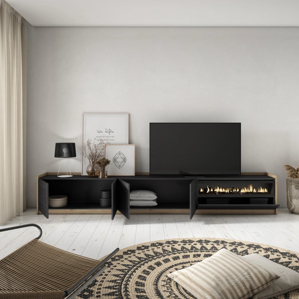 Mobile TV Soggiorno, 310x50x37 cm, Per TV fino a 80", Camino elettrico, Nero e rovere