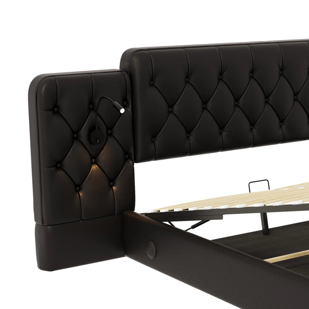 Letto 160x200 cm con testiera allungata; luci da lettura; USB e contenitore in PU nero