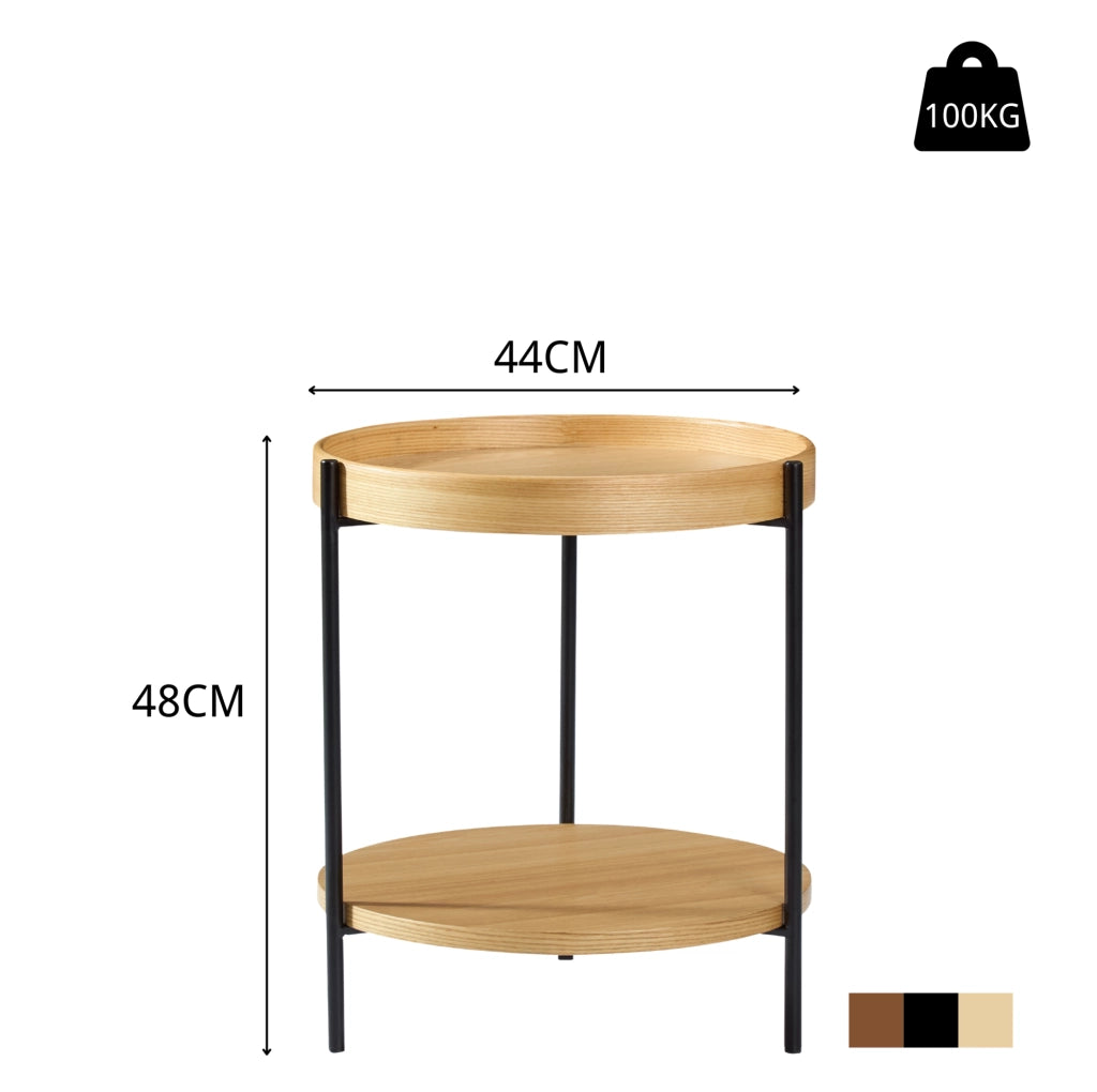 Tavolino da caff¨¨ rotondo ?69x38 cm a 2 ripiani in legno massello, MDF e ferro