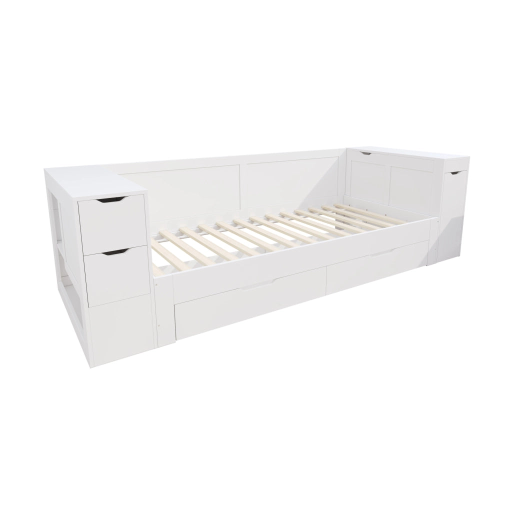 Letto per bambini 90x200 cm con cassetto; contenitore e comodino; MDF bianco