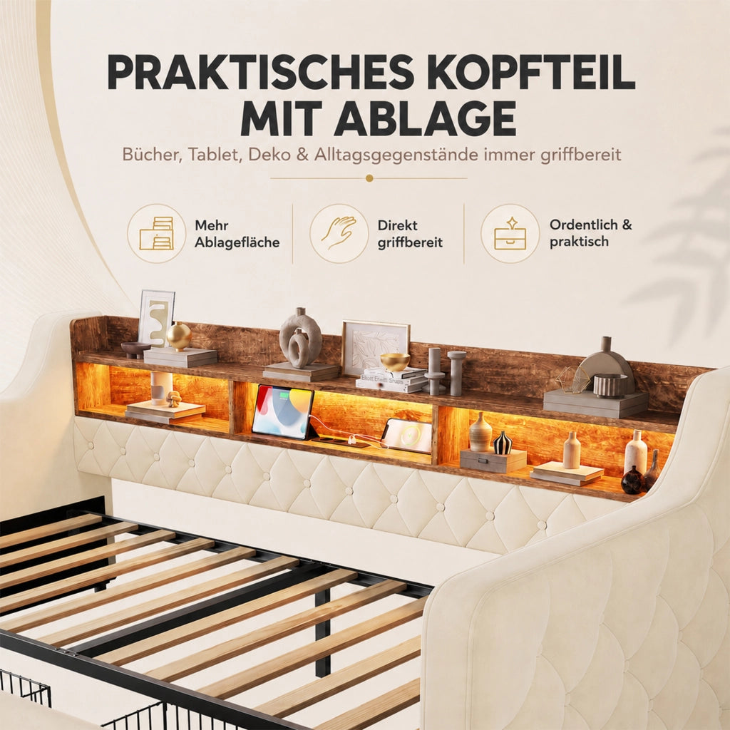 letto imbottito velluto beige 90 x 190 cm
