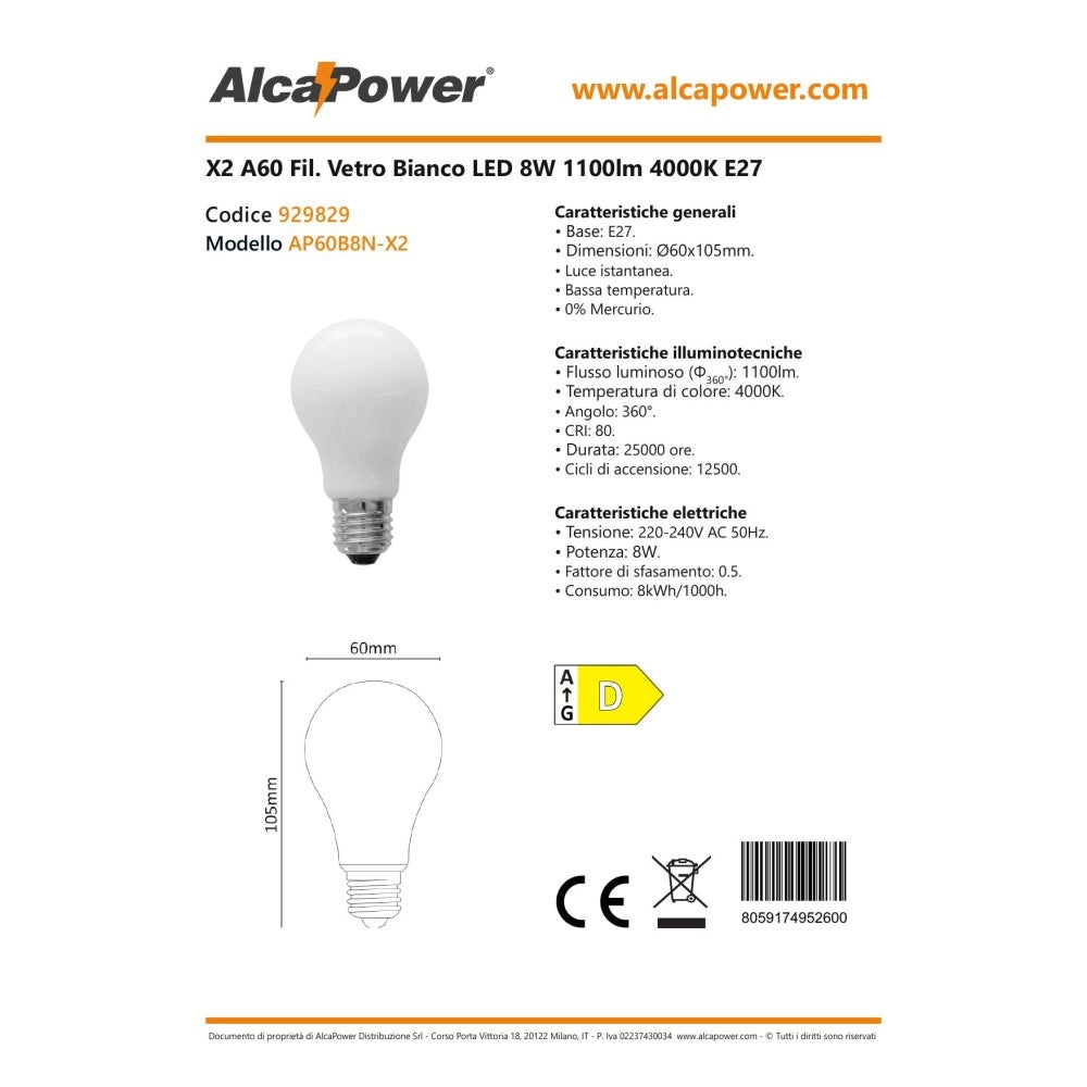 Alca power a60 8w 220v 1100lm 4000k e27 lampada classica a led vetro bianco box da 2pz