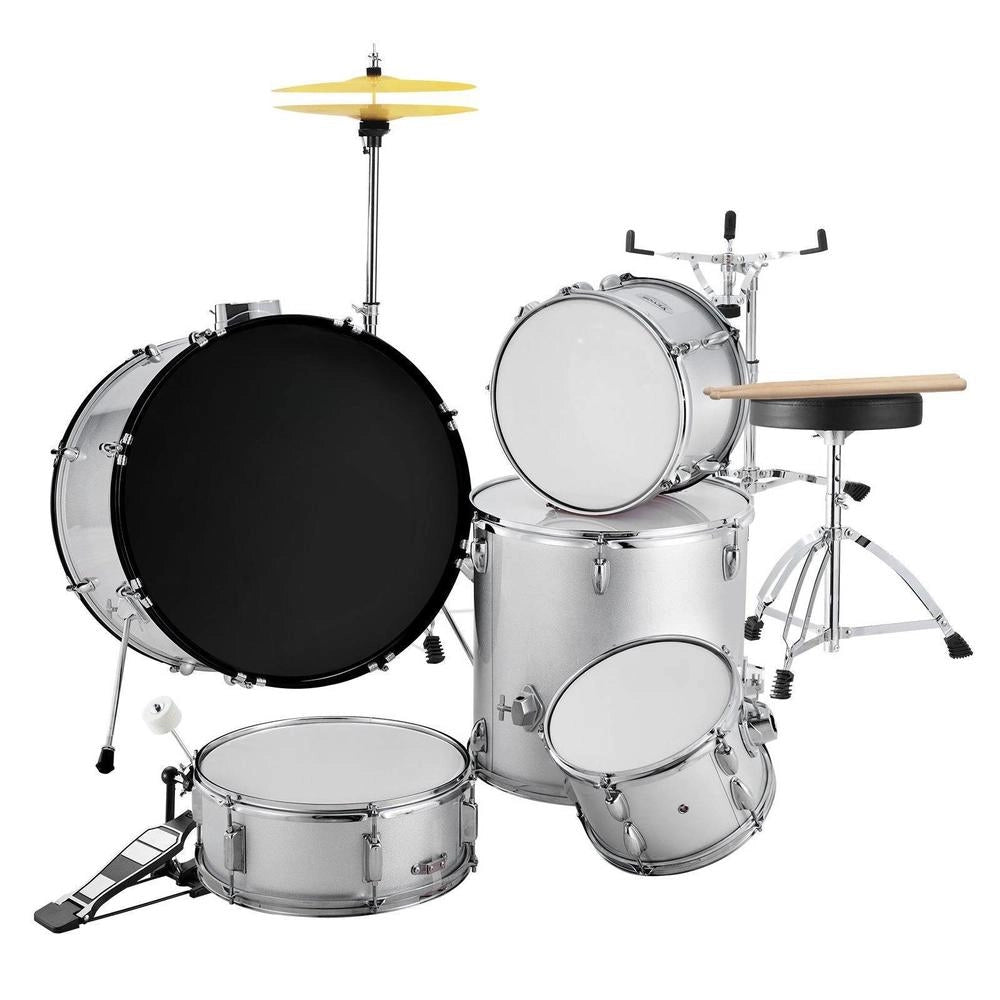 Kit Batteria Bambini Principianti 5 Pezzi Basso Tom Rullante Trono Piatto Pedale Hi-Hat Bacchette 558.8 mm Argento