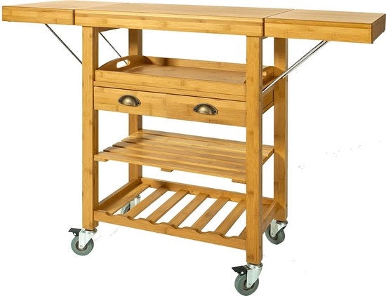 Trolley da Cucina Ripiegabile - Trolley di Stoccaggio - Cassetto Culinario - 2 Porte - Bambù - 65 x 40 x 92 cm