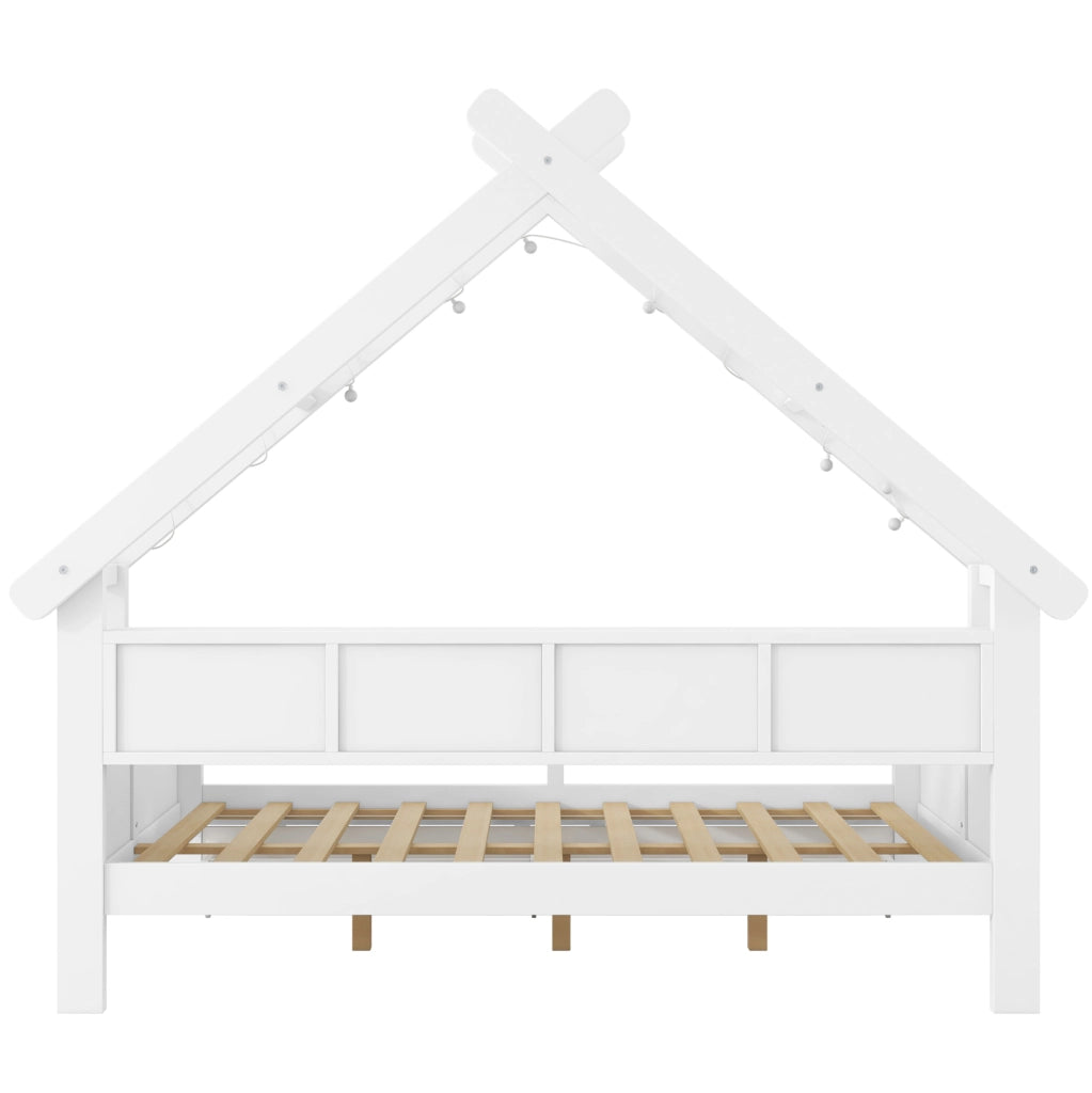 Letto a casetta 140x200 cm con LED; ripiani; 2 cassetti e sponda; bianco