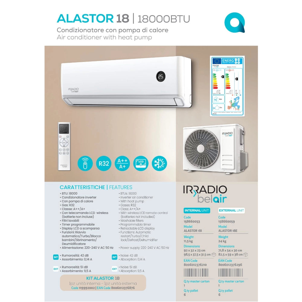 Irradio KIT ALASTOR 18 Climatizzatore Inverter 18000 BTU con Pompa di Calore R32 WiFi Ready per Ambienti fino a 60 m²