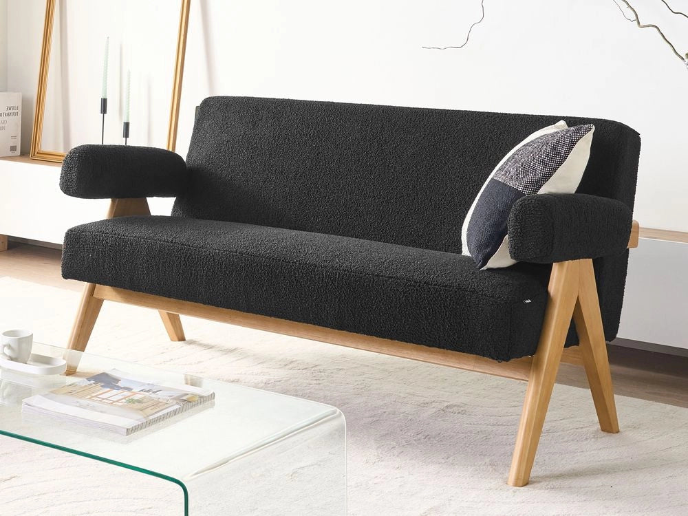 Divano a 2 posti Rivestimento in bouclé nero e marrone chiaro Design retrò Gambe in legno Soggiorno