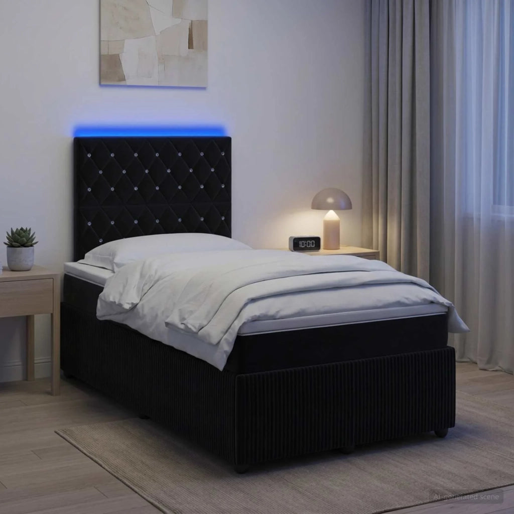 Letto Box Spring LED con Materasso Nero 120 x 190 cm Velluto 3456025