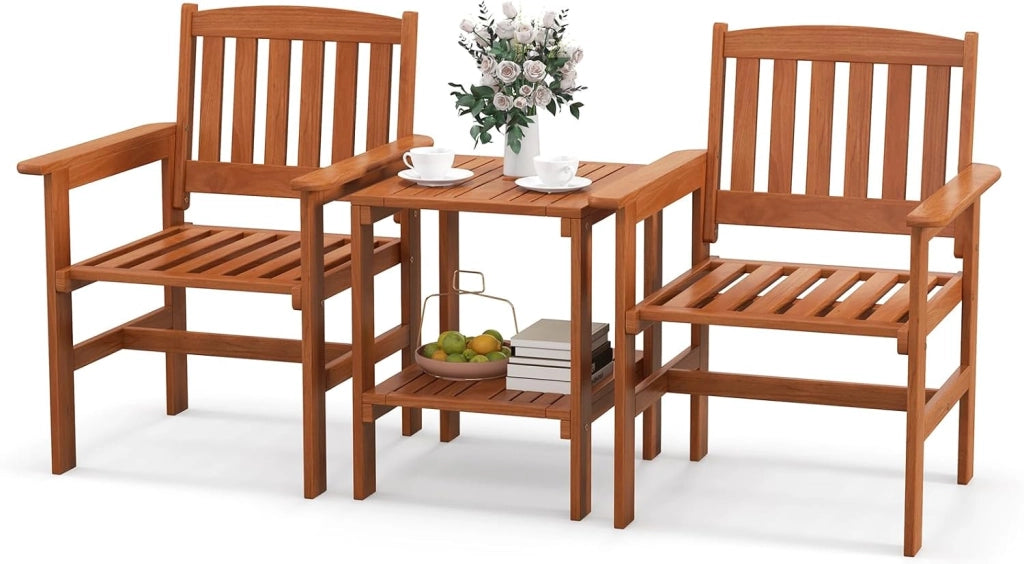 Set di 3 Pezzi da Giardino, Tavolino e 2 Sedie da Patio in Legno, con Foro per Ombrellone, Set di Mobili da Esterno a 3 Pezzi per Giardino, Tavolino Portato 35 kg, Sedia Portata 120 kg