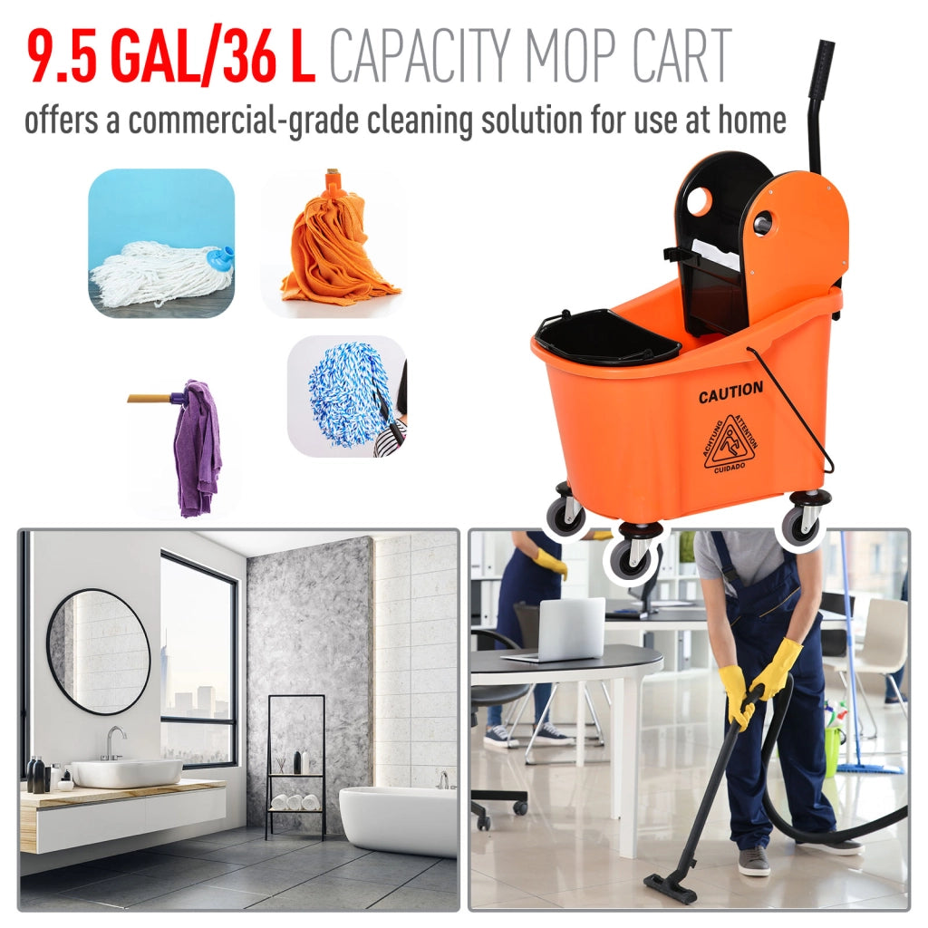 EasyComfort Secchio per Mocio Professionale 36L, Carrello Lavapavimenti con Strizzatore Manuale e 2 Secchi, Arancione e Nero