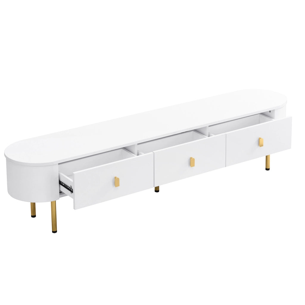 Mobile porta TV con 3 cassetti e maniglie dorate in MDF bianco lucido con angoli arrotondati 174 × 35 × 41 cm