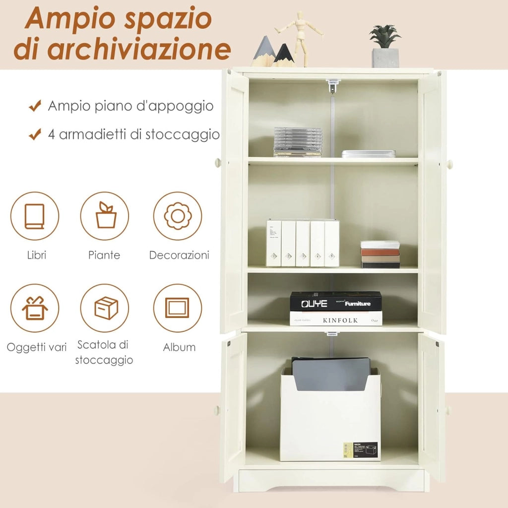 Mobile Multiuso, Armadio da Soggiorno, Credenza da Cucina in Legno, con 4 Ripiani, 59 x 32 x 123cm, Bianco e Nero (Bianco)