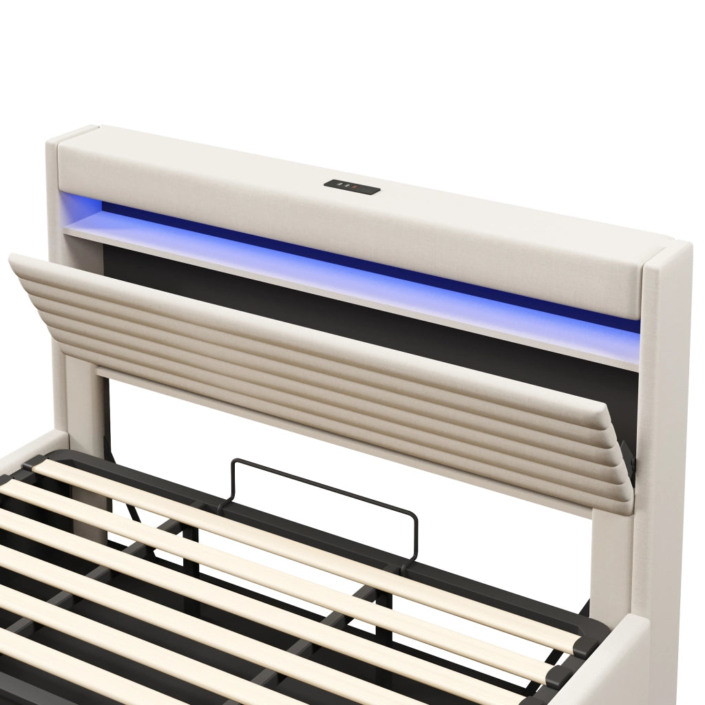 Letti contenitori 180x200 cm; contenitore idraulico con LED e USB; lino beige (Senza materasso)