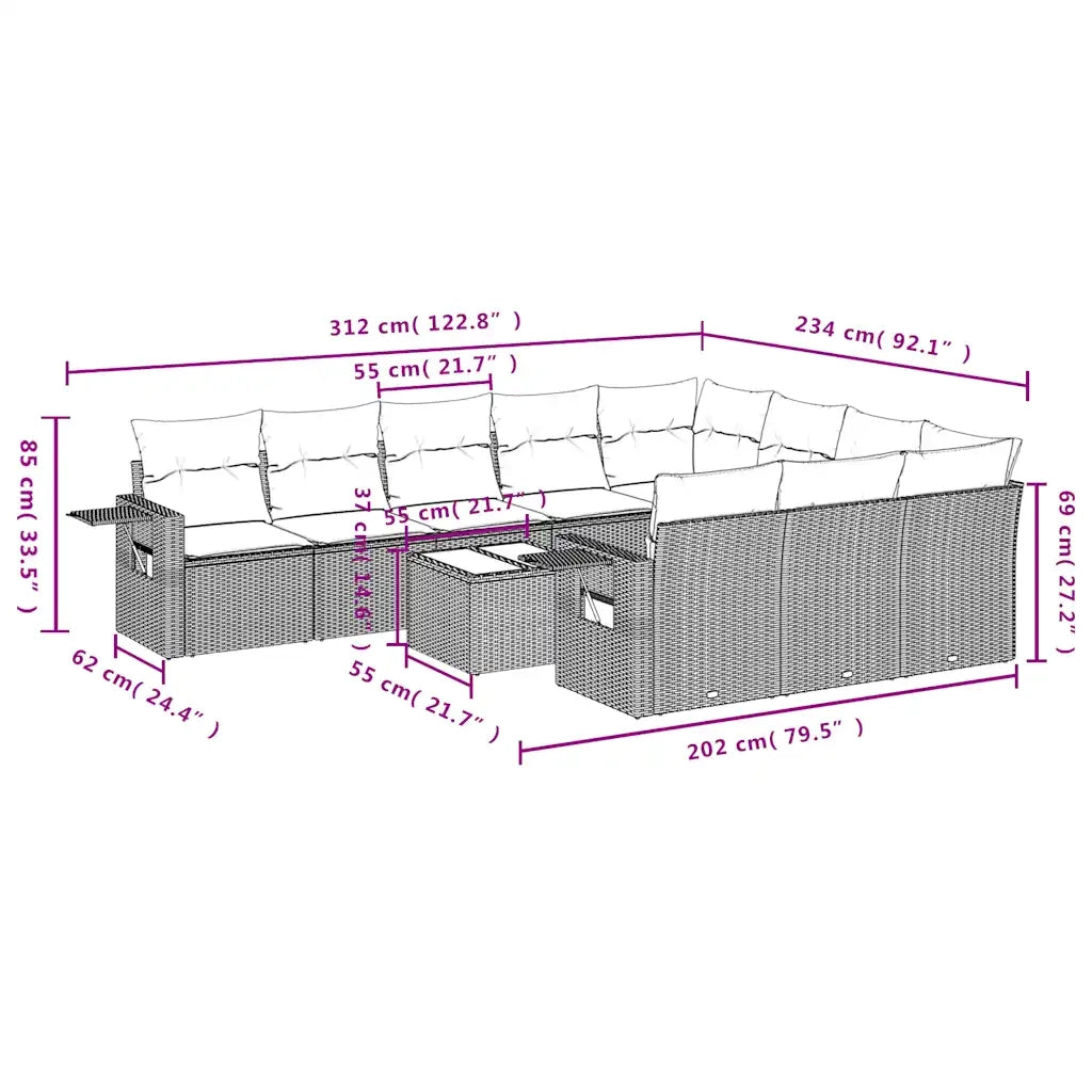 Set Divani da Giardino 11 pz con Cuscini Grigio in Polyrattan 3220700