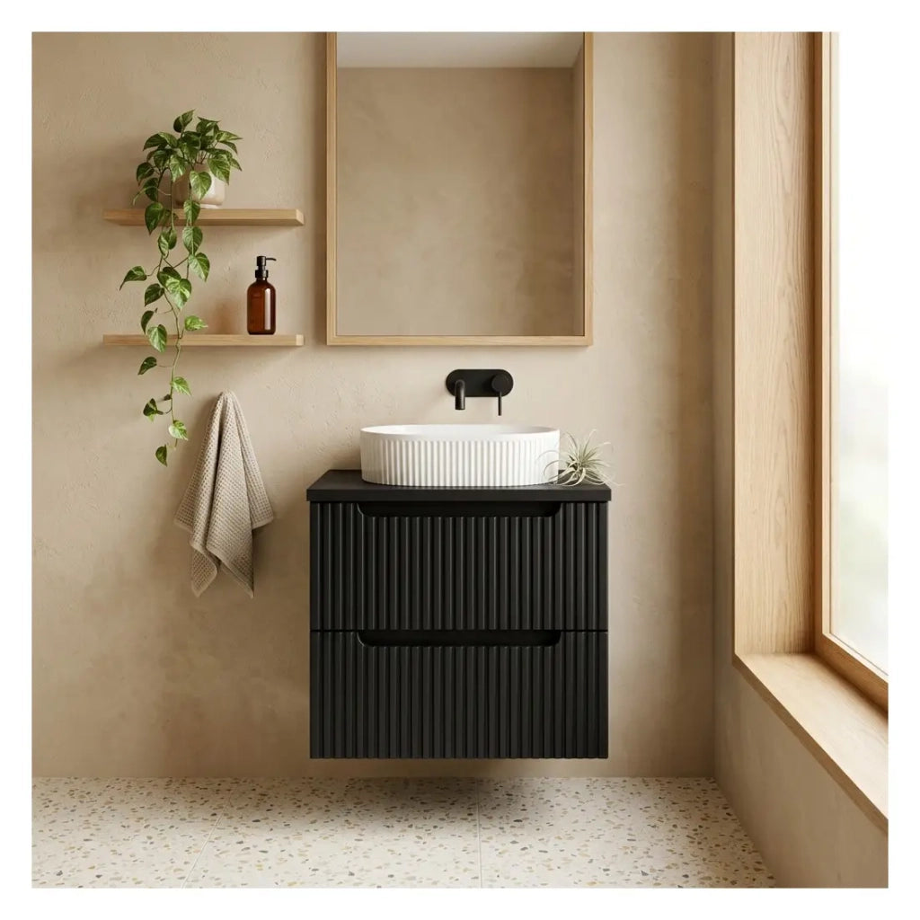 Set da bagno VANO 60cm: mobile sottolavabo con cassetti + top per lavabo + lavabo da appoggio con scanalature verticali