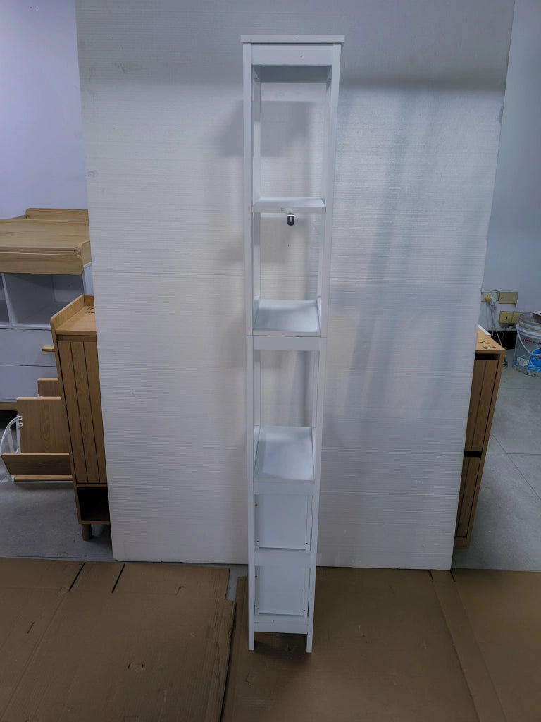 Mobile colonna bagno stretto salvaspazio, 20 x 30 x 160 cm, bianco, con 2 cassetti e 3 ripiani aperti