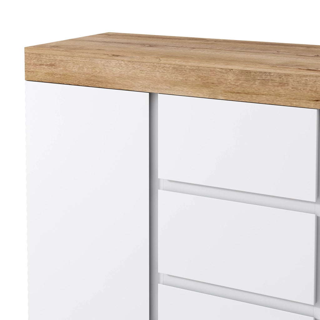 OKWISH Comò Contenitore con 3 Cassetti e 2 Ante, per Camera da Letto e Soggiorno, in Pannello Truciolare, Bianco e Rovere