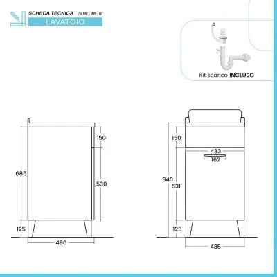 Mobile lavatoio 45x50 cm grigio calce vasca in resina e kit di scarico Moon