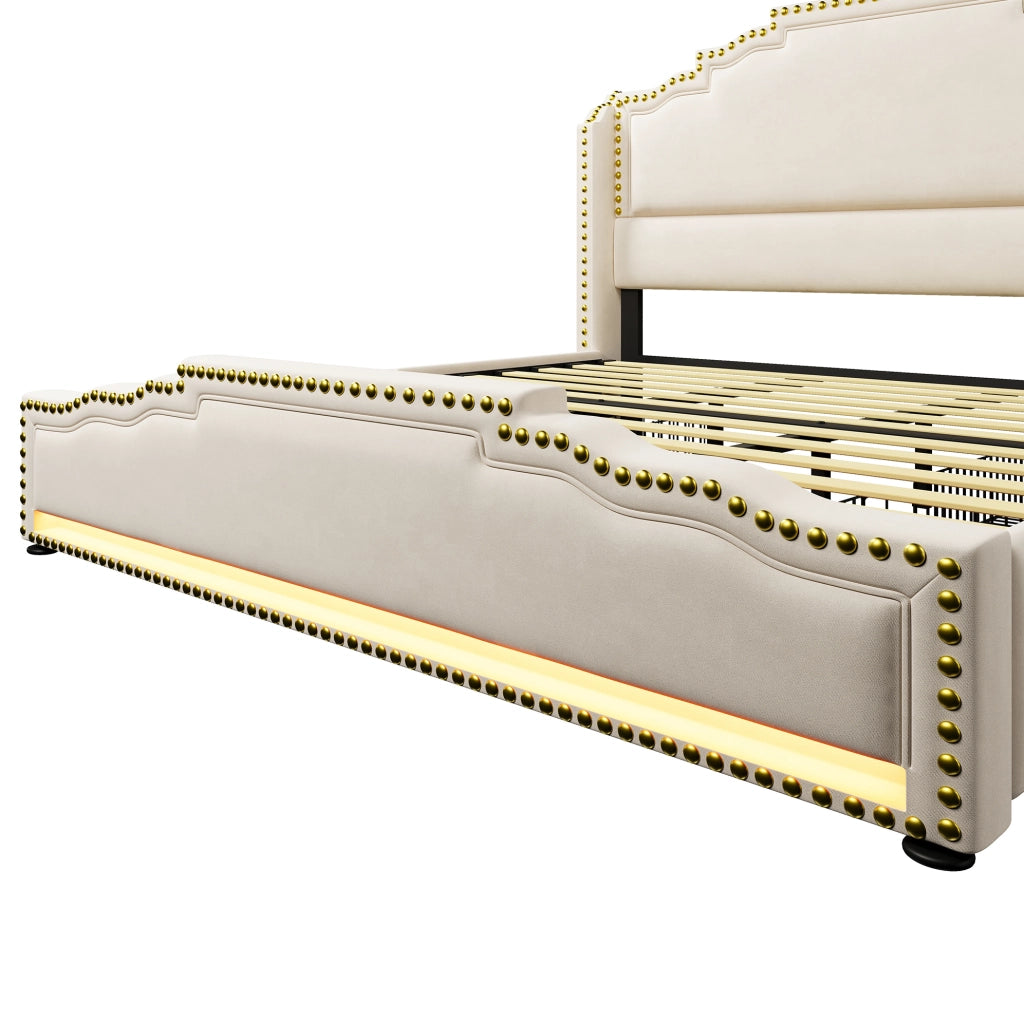 Letto matrimoniale 180x200 cm in velluto beige con LED; porte USB e 4 cassetti