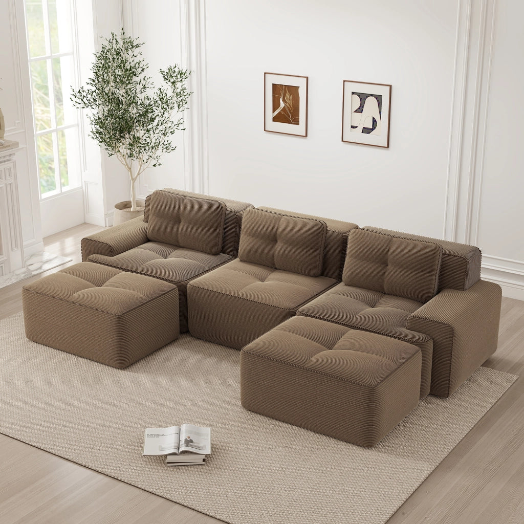 Divano modulare a U 3 posti - con pouf e seduta profonda - in corduroy marrone