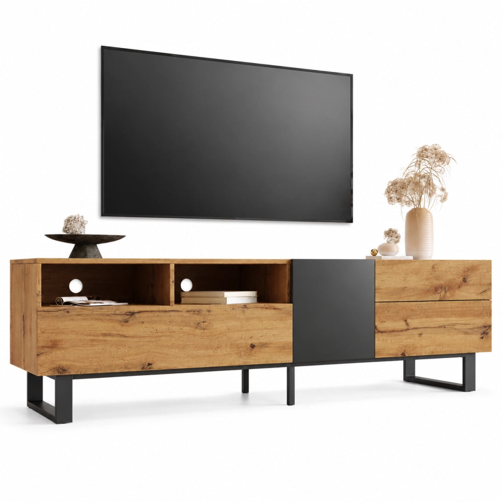 Mobile TV 180x38x50 cm; ampio spazio contenitivo con push-open; MDF; nero e grigio