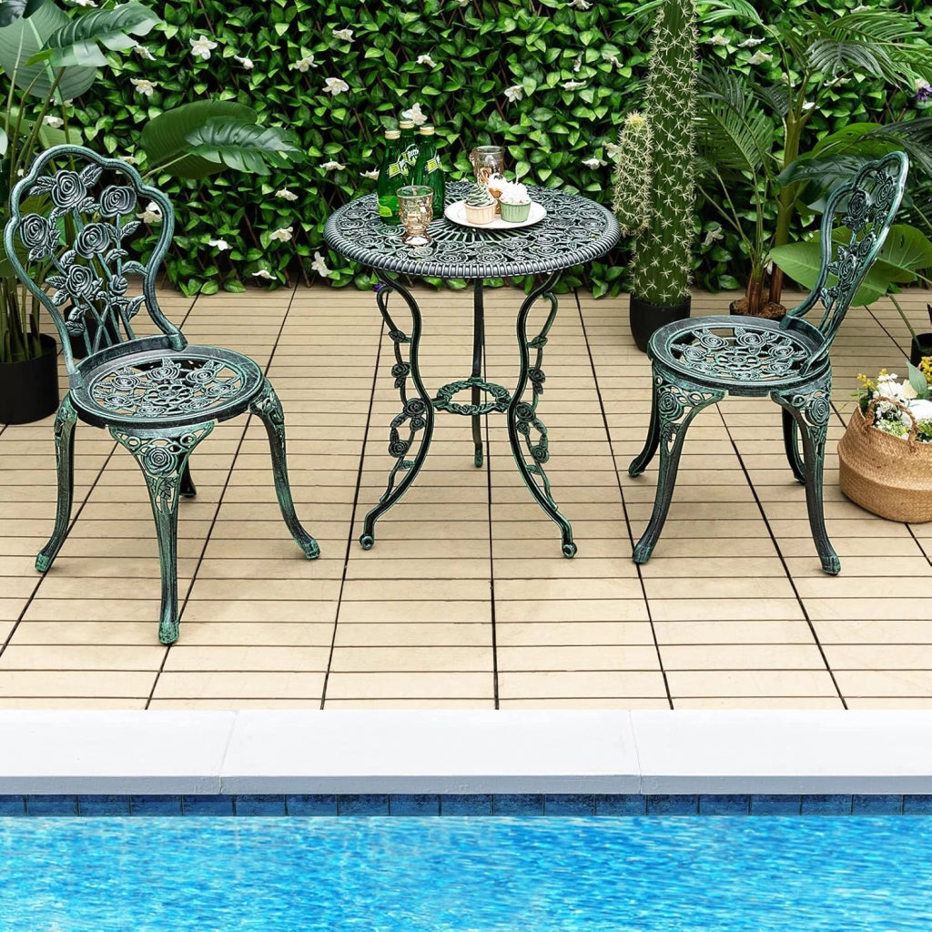Set Tavolo da Bistrot in Fusione di Alluminio Set da 3 Pezzi Tavolino con 2 Sedie per Giardino Balcone Bordo Piscina, Colore Verde Bronzo/Bianco (Verde Bronzo)