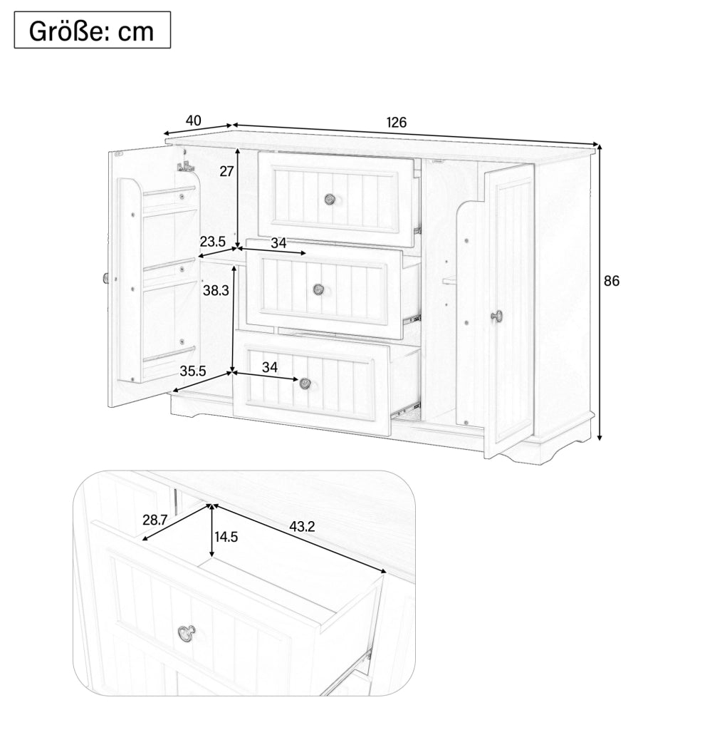 Madia 126x40x86 cm con 3 cassetti e ante; MDF nero