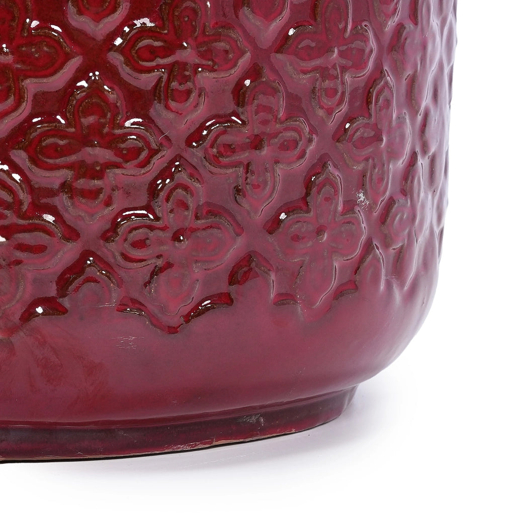 Set di 3 vasi in ceramica smaltata rosso vinaccia, artigianali, per interno ed esterno