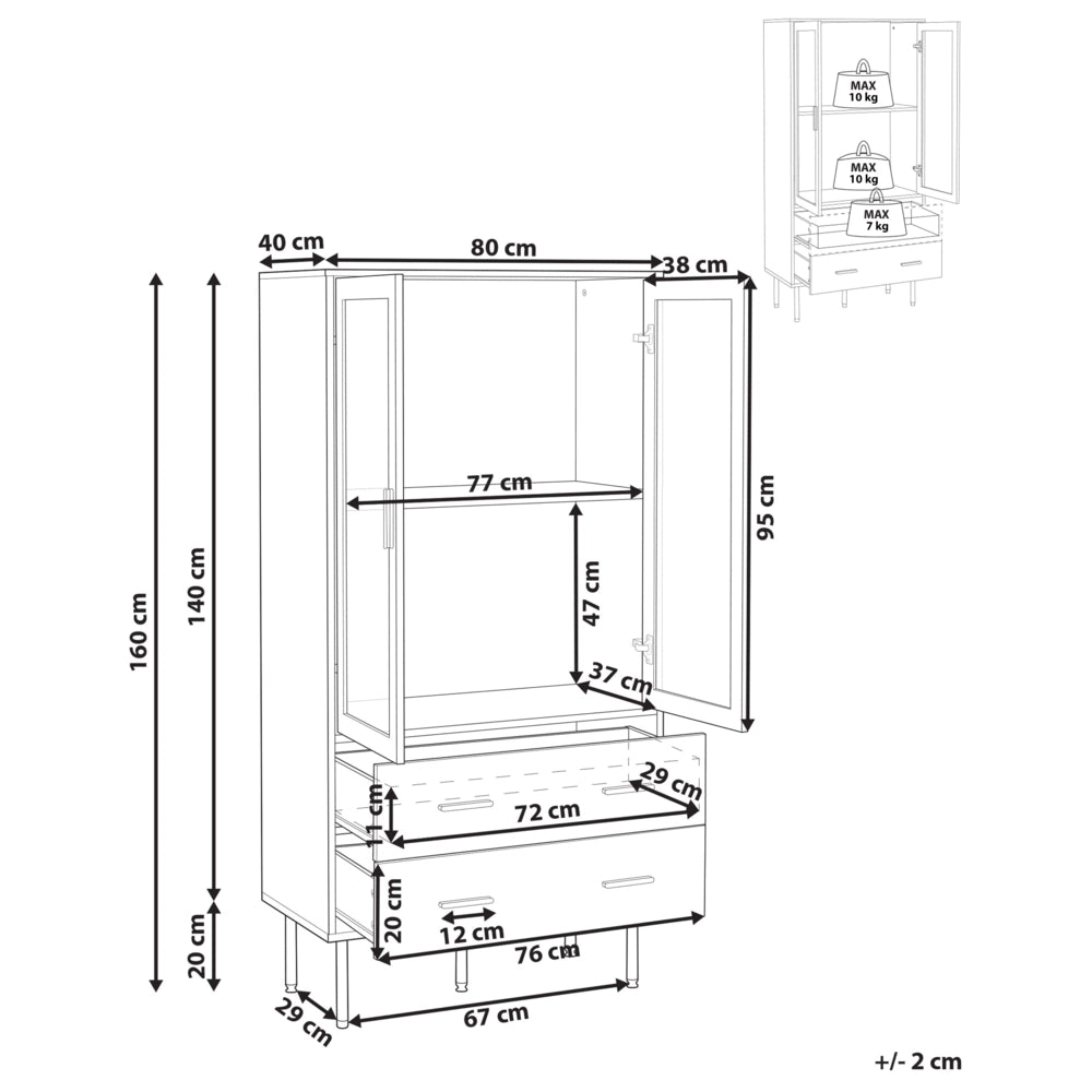 Vetrinetta in MDF bianco con ante in vetro e 2 cassetti Accenti dorati