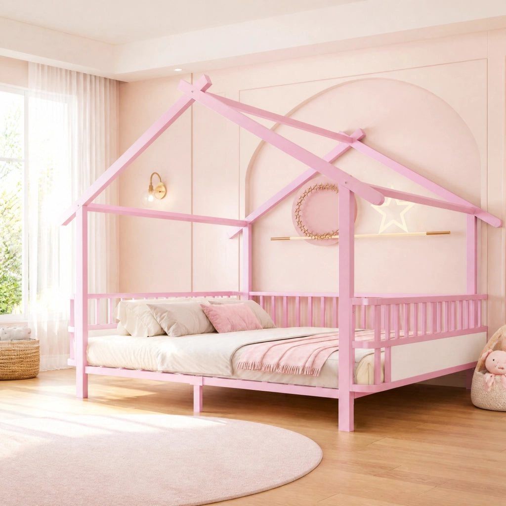 Letto per bambini in metallo con design a casetta 140 x 200 cm, rosa