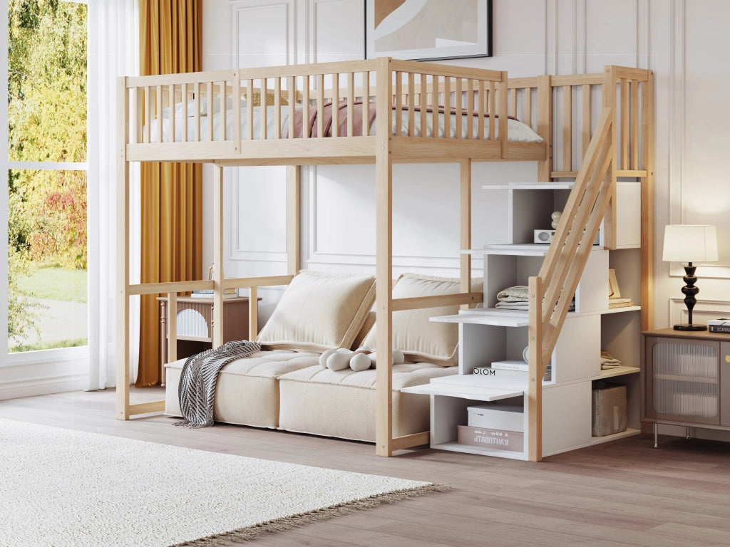 Letto a castello in legno di pino naturale con scala di sicurezza e contenitore 140x200 cm
