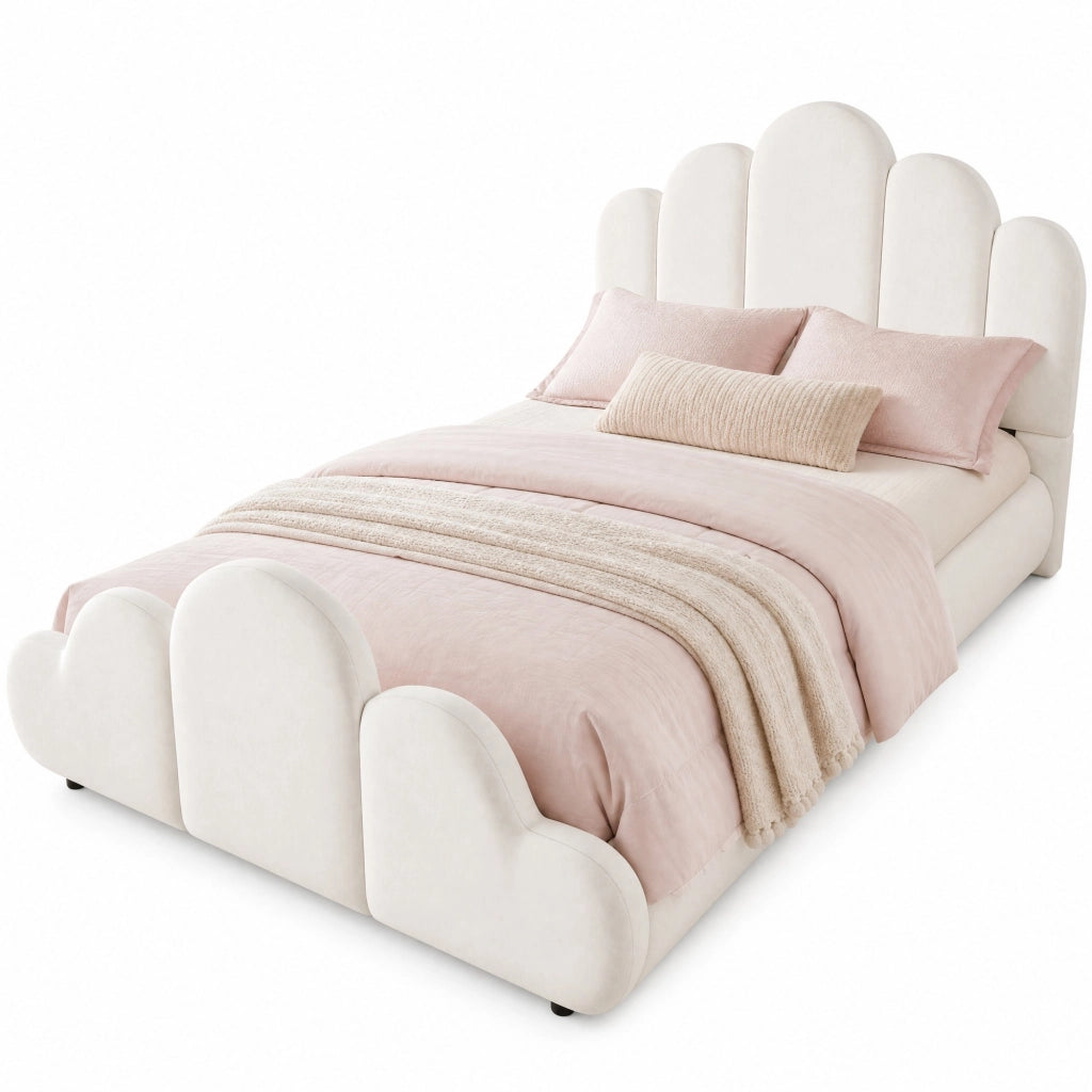 Letto Singolo 90x200 cm con Rete; Imbottito; Design a Nuvola; in Velluto Beige