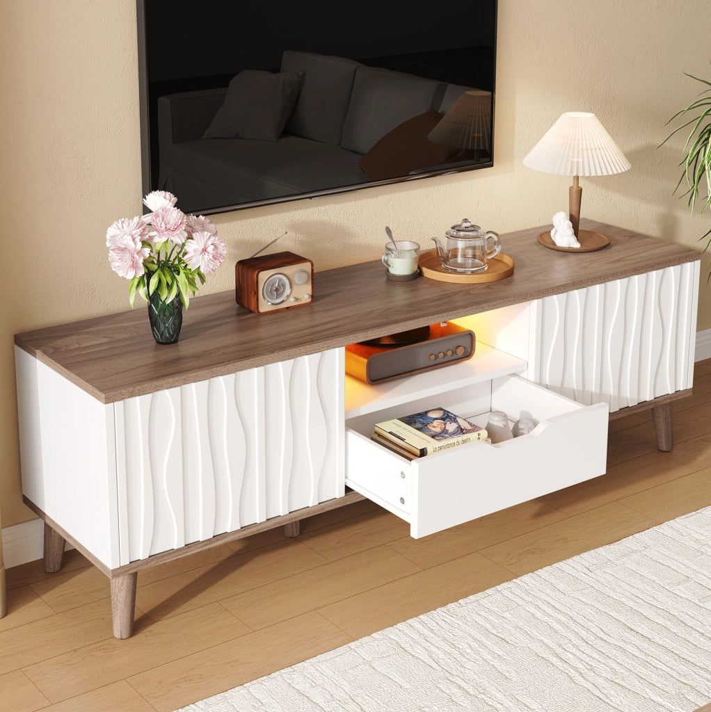Mobile TV 160x40x52 cm con luci LED RGB e ante scorrevoli; in MDF e truciolare; bianco e noce scuro